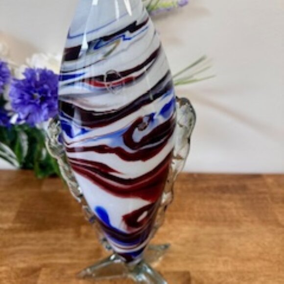 Vintage Murano Glass Fish Sculpture Red Blue White Swirl Art Deco Style Figurine - Picture 2 of 6